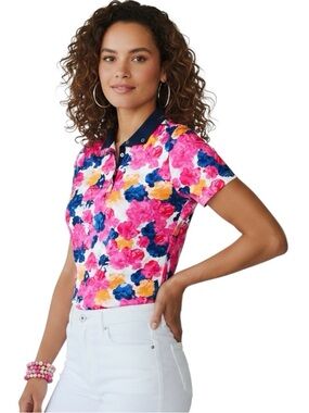 GG Blue Activewear Top Shirt Pink Tropical Floral 3/4 Snaps Short Sleeve Sz L